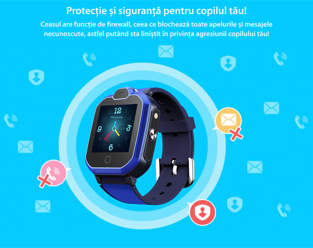 Ceas Smartwatch Pentru Copii YQT T6 cu Functie Telefon, Apel video, Localizare GPS, Istoric traseu, Apel de Monitorizare, Camera, Lanterna, Android, 4G, Albastru, Cartela SIM Cadou