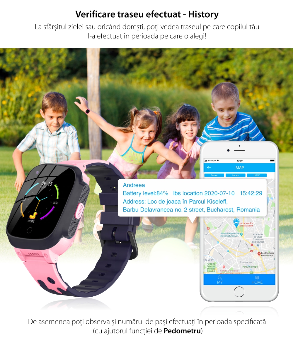 Ceas Smartwatch Pentru Copii YQT T8 cu Functie Telefon, Apel video, Localizare GPS, Istoric traseu, Pedometru, Apel de Monitorizare, Camera, Android, 4G, Roz, Cartela SIM Cadou
