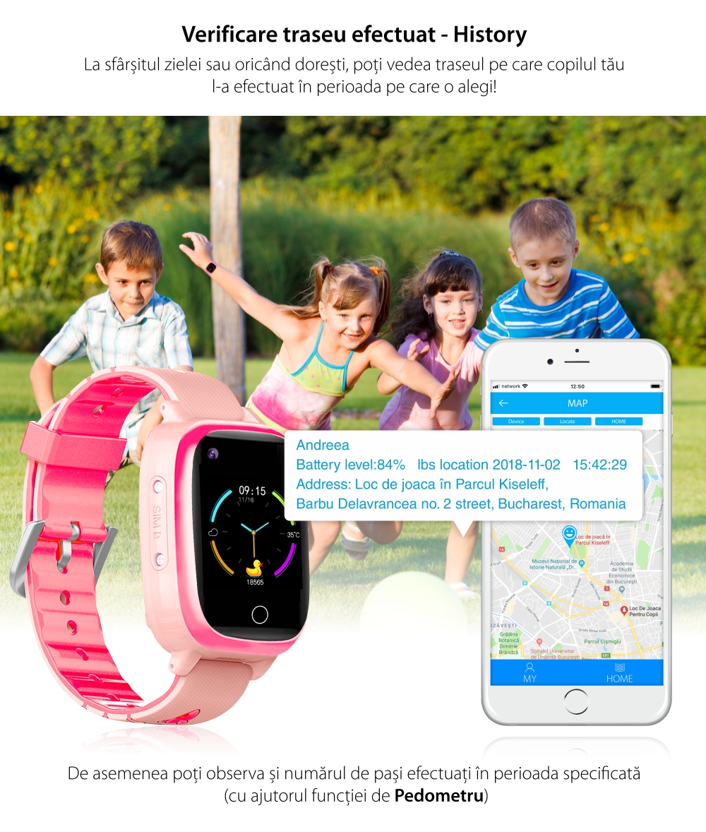 Ceas Smartwatch Pentru Copii YQT T5 cu Functie Telefon, Apel video, Localizare GPS, Istoric traseu, Apel de Monitorizare, Camera, Lanterna, Android, 4G, Roz, Cartela SIM Cadou