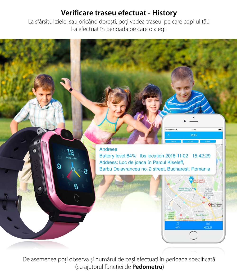 Ceas Smartwatch Pentru Copii YQT T6 cu Functie Telefon, Apel video, Localizare GPS, Istoric traseu, Apel de Monitorizare, Camera, Lanterna, Android, 4G, Albastru, Cartela SIM Cadou