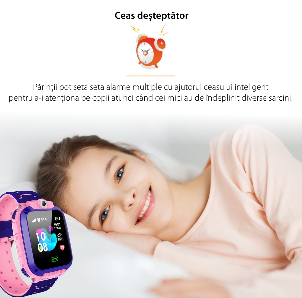 Ceas Smartwatch Pentru Copii YQT Q12W cu Functie Telefon, Localizare GPS, Istoric traseu, Apel de Monitorizare, Camera, Joc Matematic, Albastru / Mov, Cartela SIM Cadou