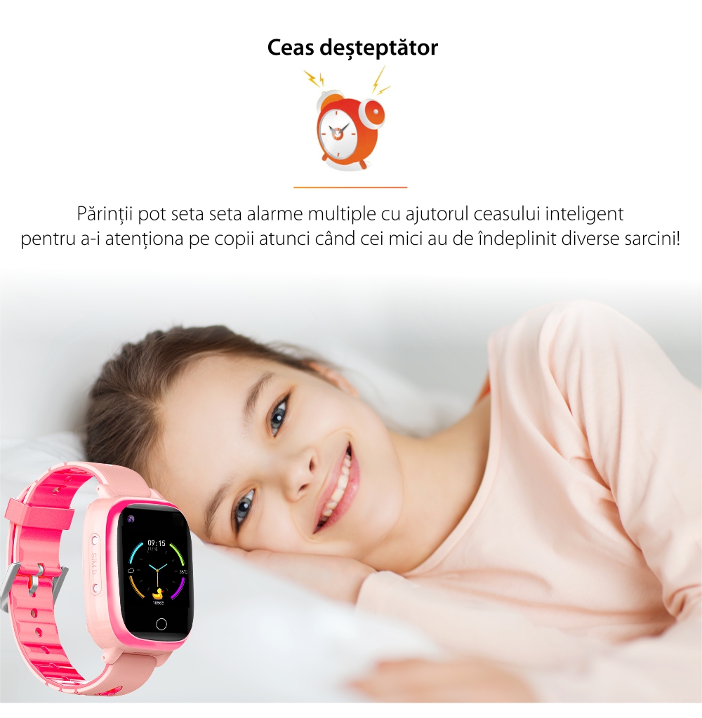 Ceas Smartwatch Pentru Copii YQT T5 cu Functie Telefon, Apel video, Localizare GPS, Istoric traseu, Apel de Monitorizare, Camera, Lanterna, Android, 4G, Mov, Cartela SIM Cadou