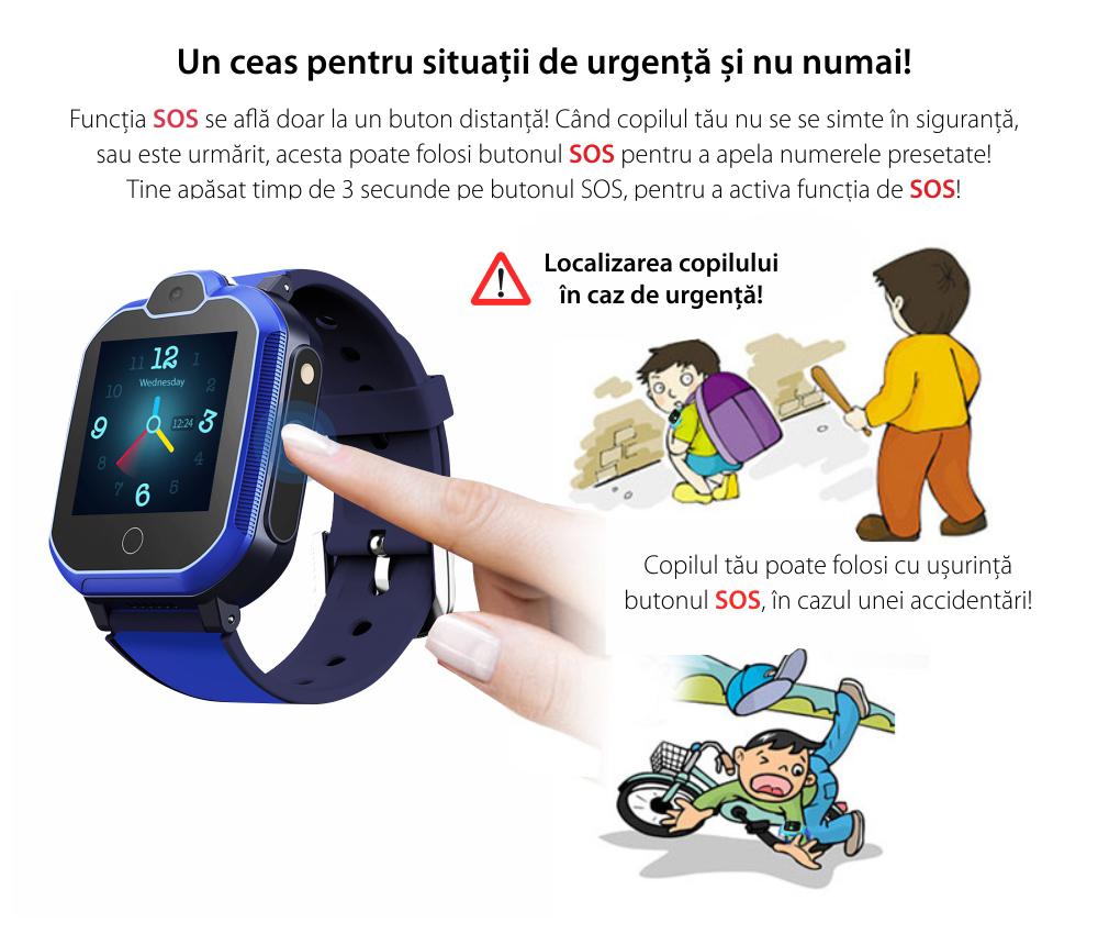 Ceas Smartwatch Pentru Copii YQT T6 cu Functie Telefon, Apel video, Localizare GPS, Istoric traseu, Apel de Monitorizare, Camera, Lanterna, Android, 4G, Albastru, Cartela SIM Cadou