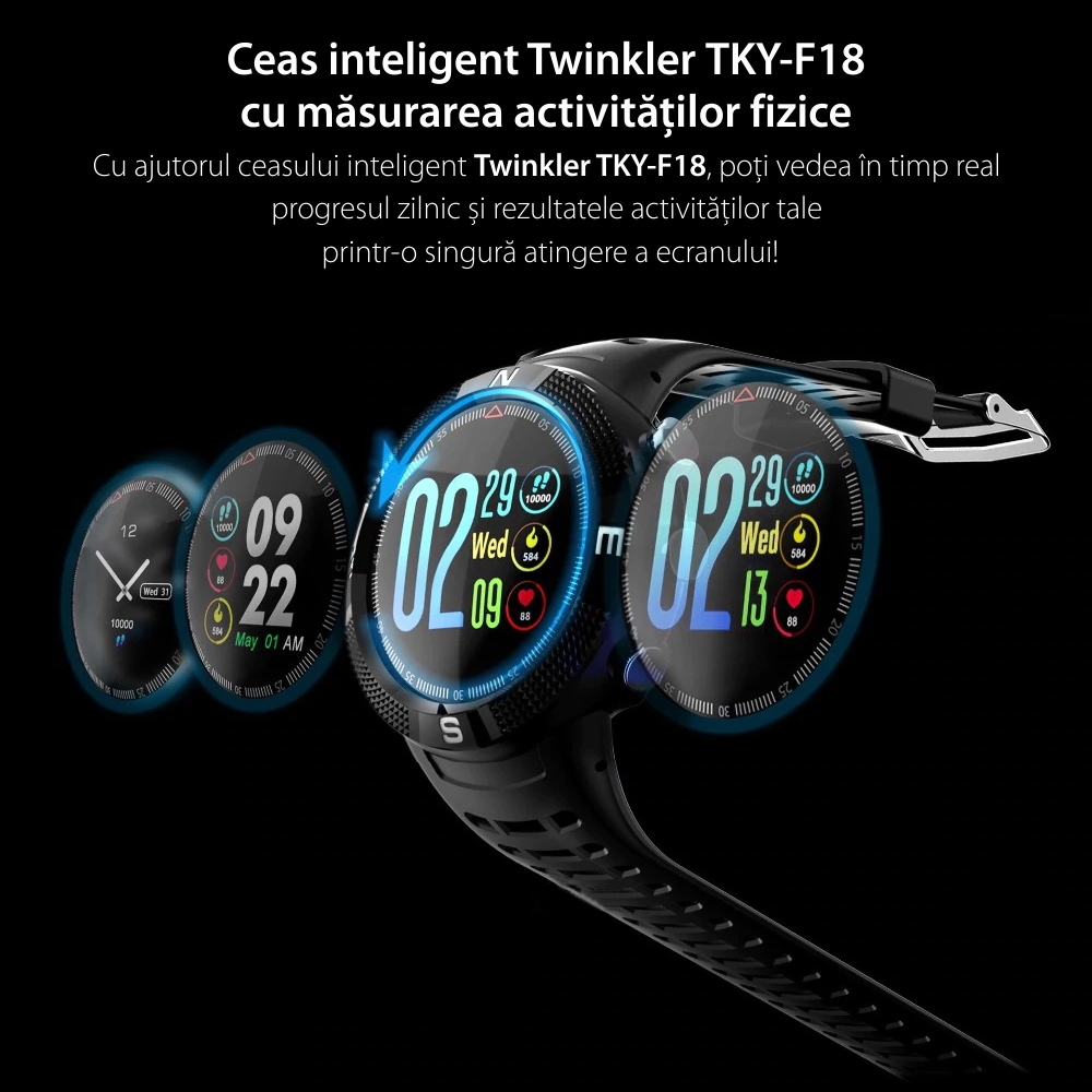 Ceas Smartwatch Twinkler TKY-F18 cu functie de monitorizare ritm cardiac, Nivel calitate somn, GPS, Busola, Incarcare magnetica, Verde
