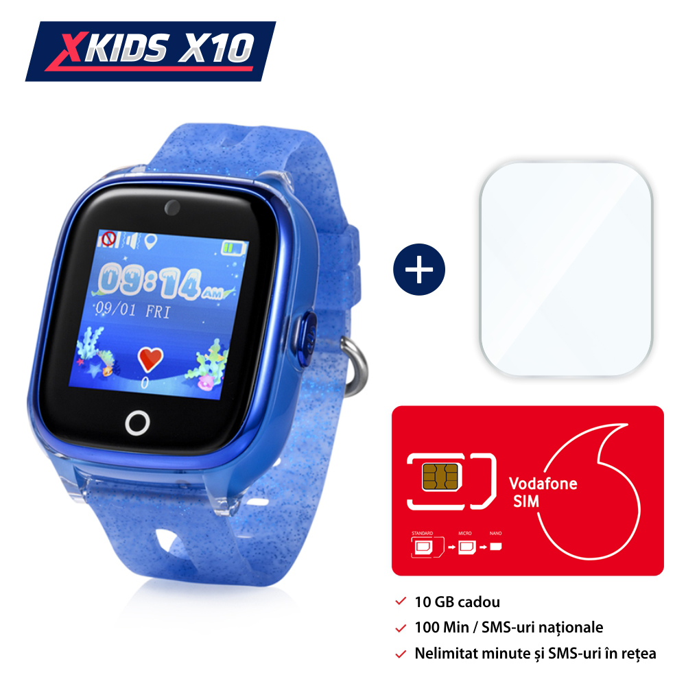 Pachet Promotional Ceas Copii + Folie Protectie Sticla + Cartela SIM, Xkids X10 Wi-Fi cu Functie Telefon, Localizare GPS, Apel monitorizare, Camera, Pedometru, SOS, IP54, Albastru Albastru imagine Black Friday 2021