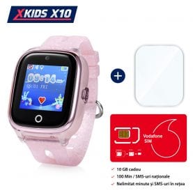 Pachet Promotional Ceas Copii + Folie Protectie Sticla + Cartela SIM, Xkids X10 Wi-Fi cu Functie Telefon, Localizare GPS, Apel monitorizare, Camera, Pedometru, SOS, IP54, Roz Pal