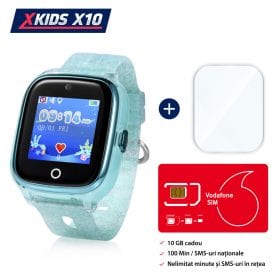 Pachet Promotional Ceas Copii cu Folie Protectie Sticla si Cartela SIM, Xkids X10 Wi-Fi cu Functie Telefon, Localizare GPS, Apel monitorizare, Camera, Pedometru, SOS, IP54, Turcoaz