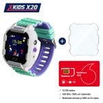 Pachet Promotional Ceas Copii + Folie Protectie Sticla + Cartela SIM, Xkids X20 cu Functie Telefon, Localizare GPS, Apel monitorizare, Camera, Pedometru, SOS, IP54, Incarcare magnetica, Alb – Verde