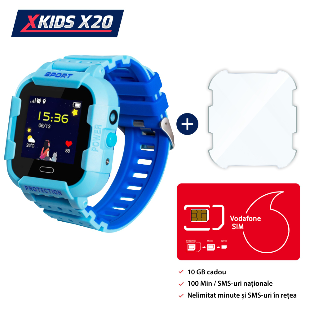 Pachet Promotional Ceas Copii + Folie Protectie Sticla + Cartela SIM, Xkids X20 cu Functie Telefon, Localizare GPS, Apel monitorizare, Camera, Pedometru, SOS, IP54, Incarcare magnetica, Albastru Albastru imagine Black Friday 2021