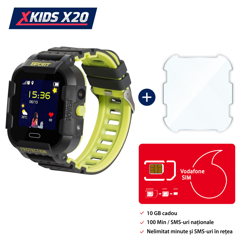 Pachet Promotional Ceas Copii + Folie Protectie Sticla + Cartela SIM, Xkids X20 cu Functie Telefon, Localizare GPS, Apel monitorizare, Camera, Pedometru, SOS, IP54, Incarcare magnetica, Negru – Verde Lamaie apel imagine Black Friday 2021