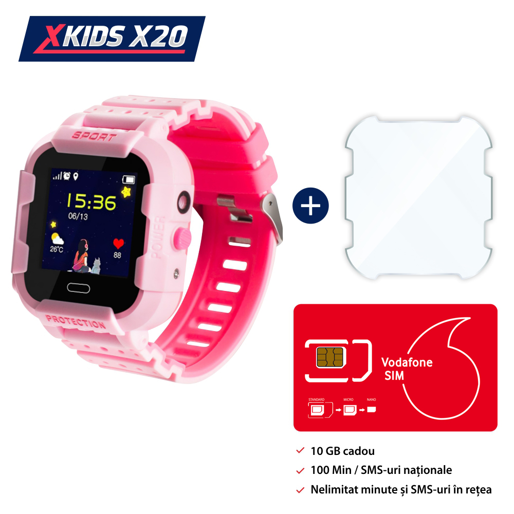 Pachet Promotional Ceas Copii + Folie Protectie Sticla + Cartela SIM, Xkids X20 cu Functie Telefon, Localizare GPS, Apel monitorizare, Camera, Pedometru, SOS, IP54, Incarcare magnetica, Roz