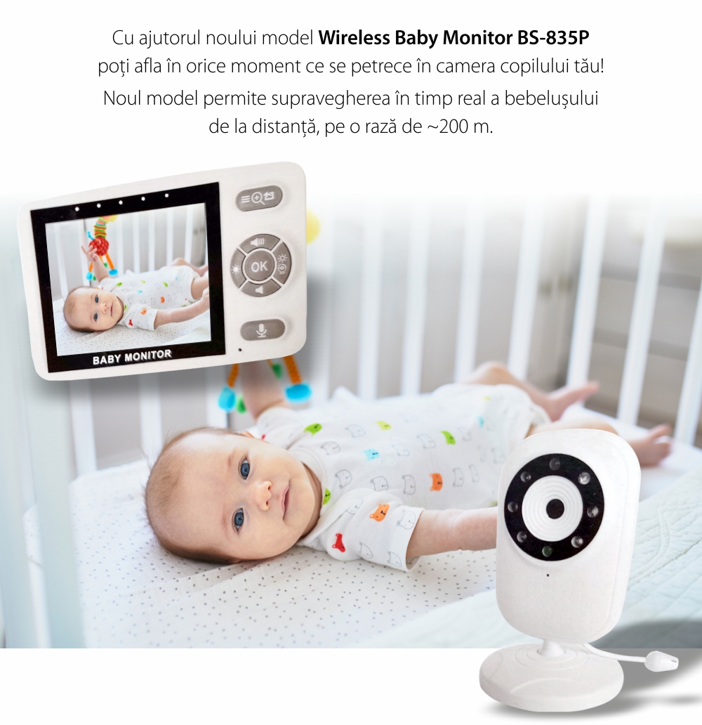 Baby Monitor, BS-835P, 3.5 inch, Wireless, Monitorizare temperatura camera, Comunicare bidirectionala, Cantece de leagan