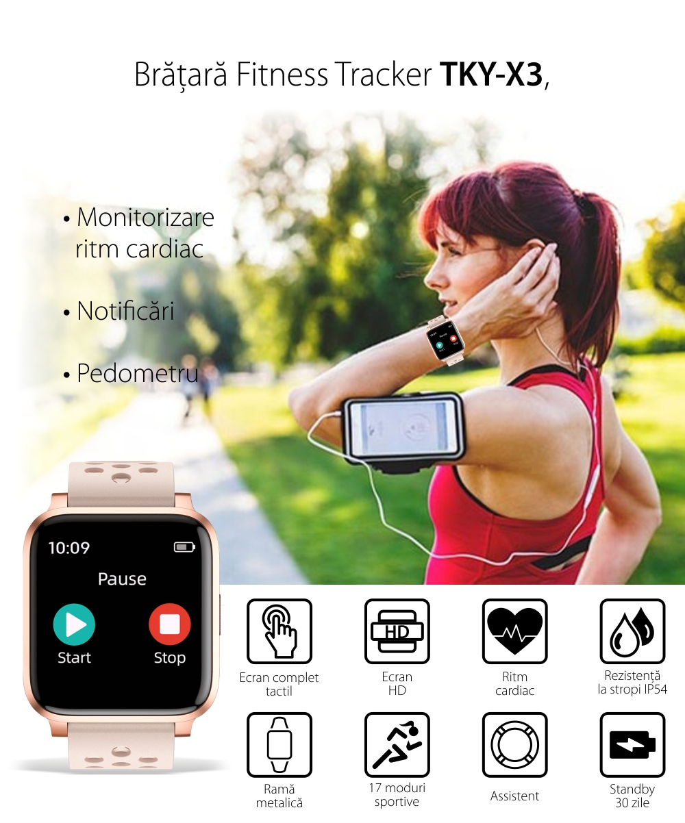 Bratara Fitness Tracker, Twinkler TKY-X3, Auriu, Monitorizare ritm cardiac, Notificari, Pedometru, Distanta