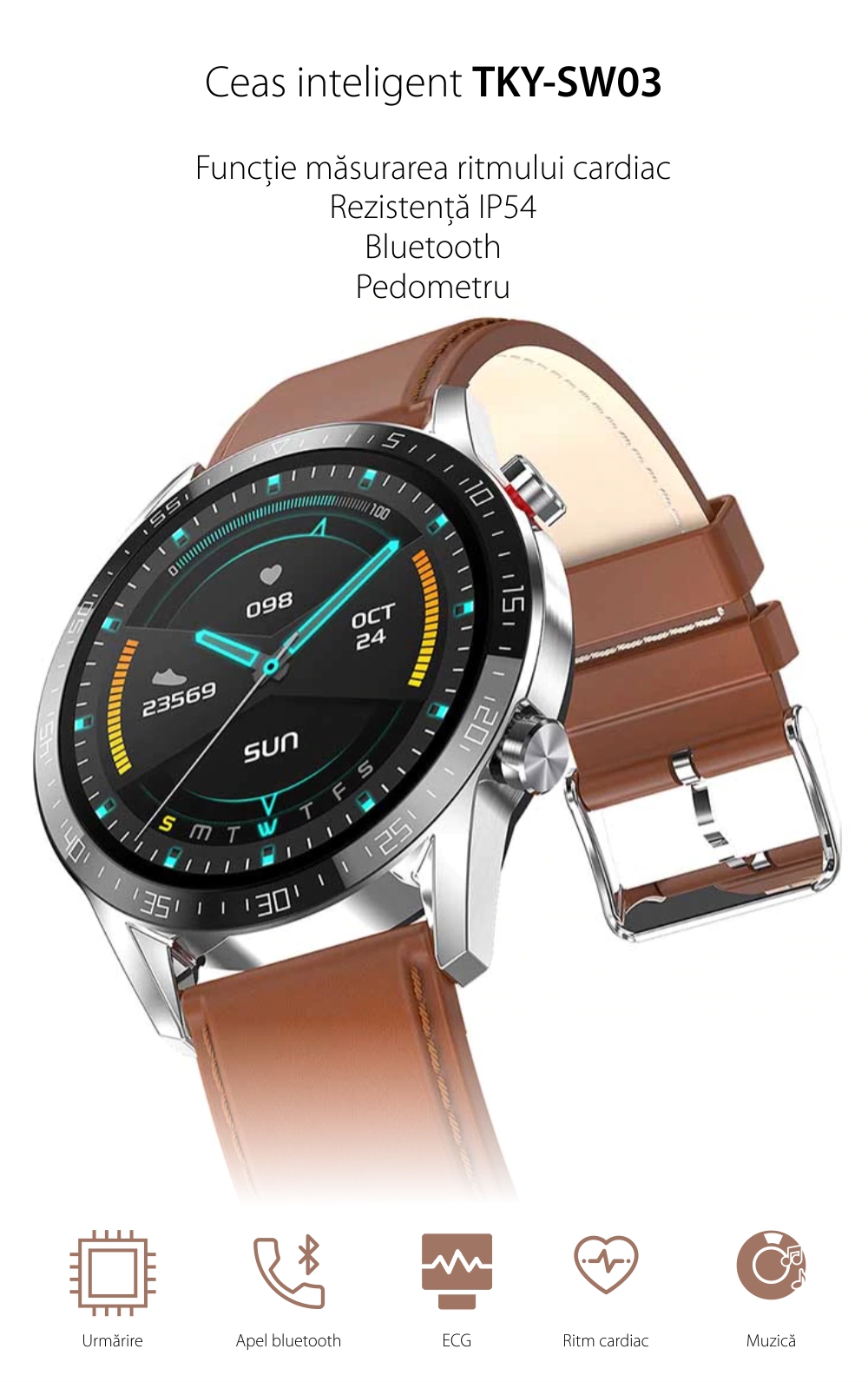 Ceas smartwatch, Twinkler TKY-SW03, Maro, Functie masurarea ritmului cardiac, Rezistenta IP54, Bluetooth