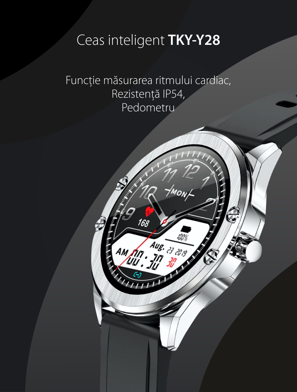 Ceas smartwatch, Twinkler TKY-Y28, Negru, Functie masurarea ritmului cardiac, Rezistenta la apa IP54, Pedometru, Calitatea somnului