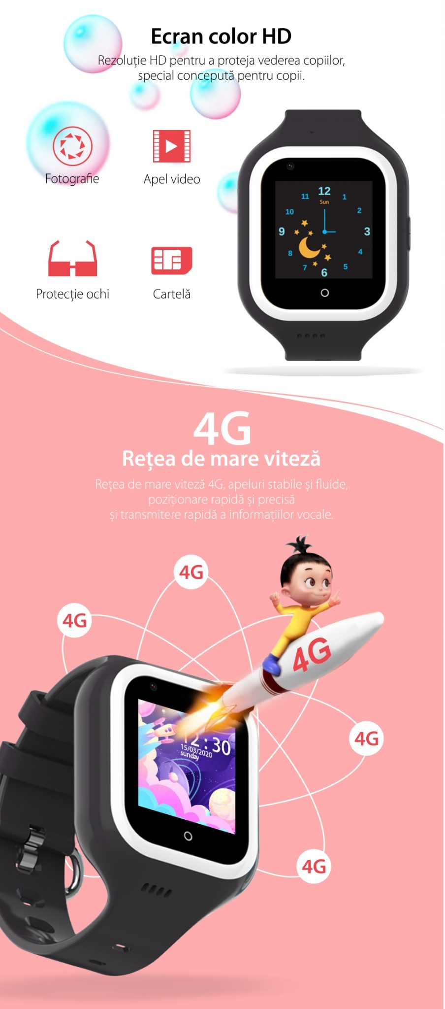 Ceas Smartwatch Pentru Copii, Wonlex KT21, Roz, SIM card, 4G,  Apel video