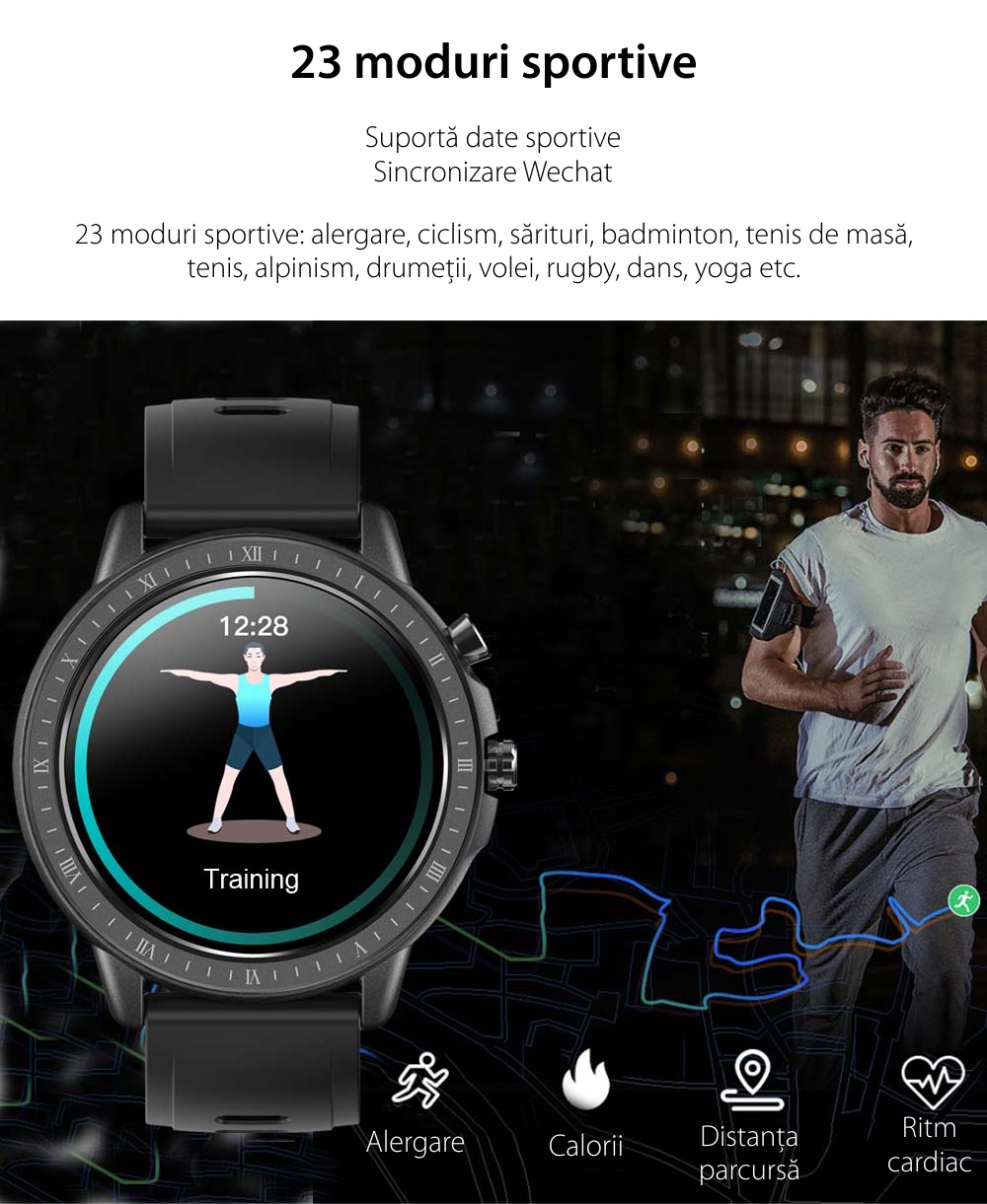 Ceas smartwatch, Twinkler TKY-S02, Roz-Auriu, Functie masurarea ritmului cardiac, Rezistenta la apa IP54, 23 moduri sportive