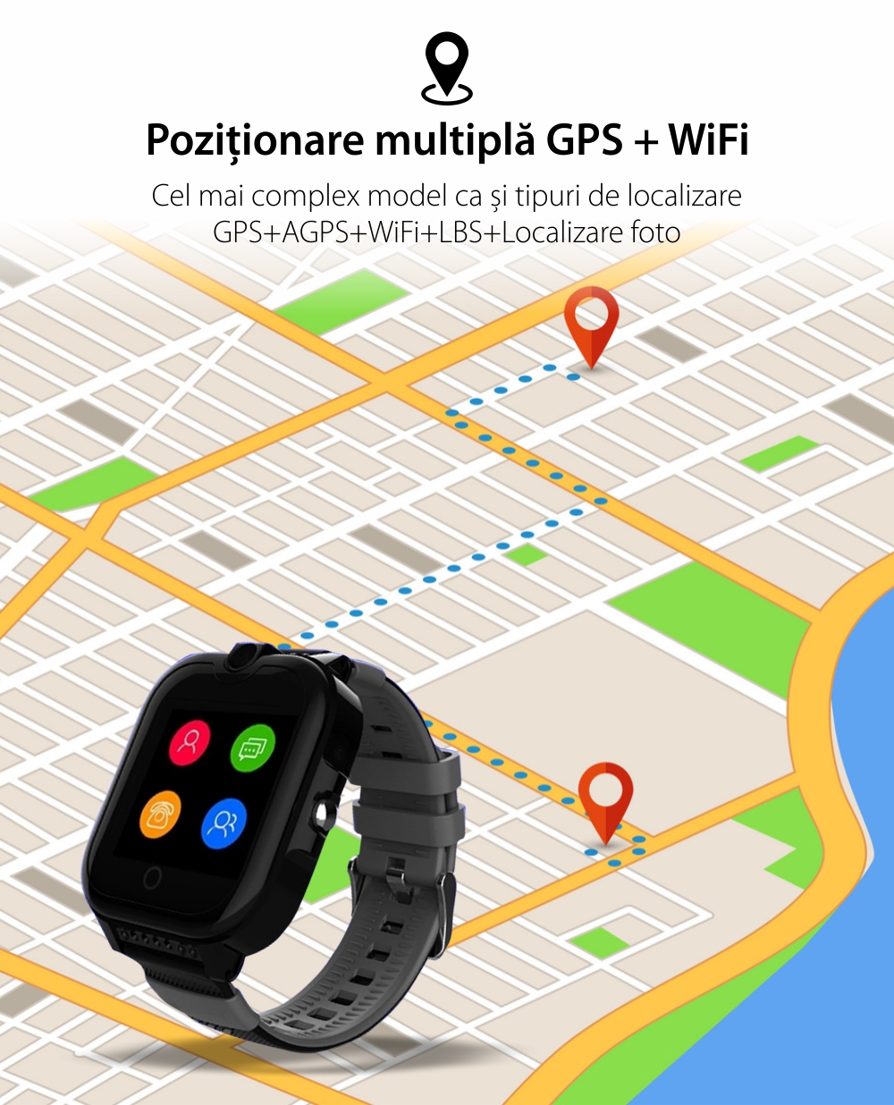 Ceas Smartwatch Pentru Copii, Wonlex KT13, Negru, SIM card, 4G, Rezistent la stropi IP54, Apel video