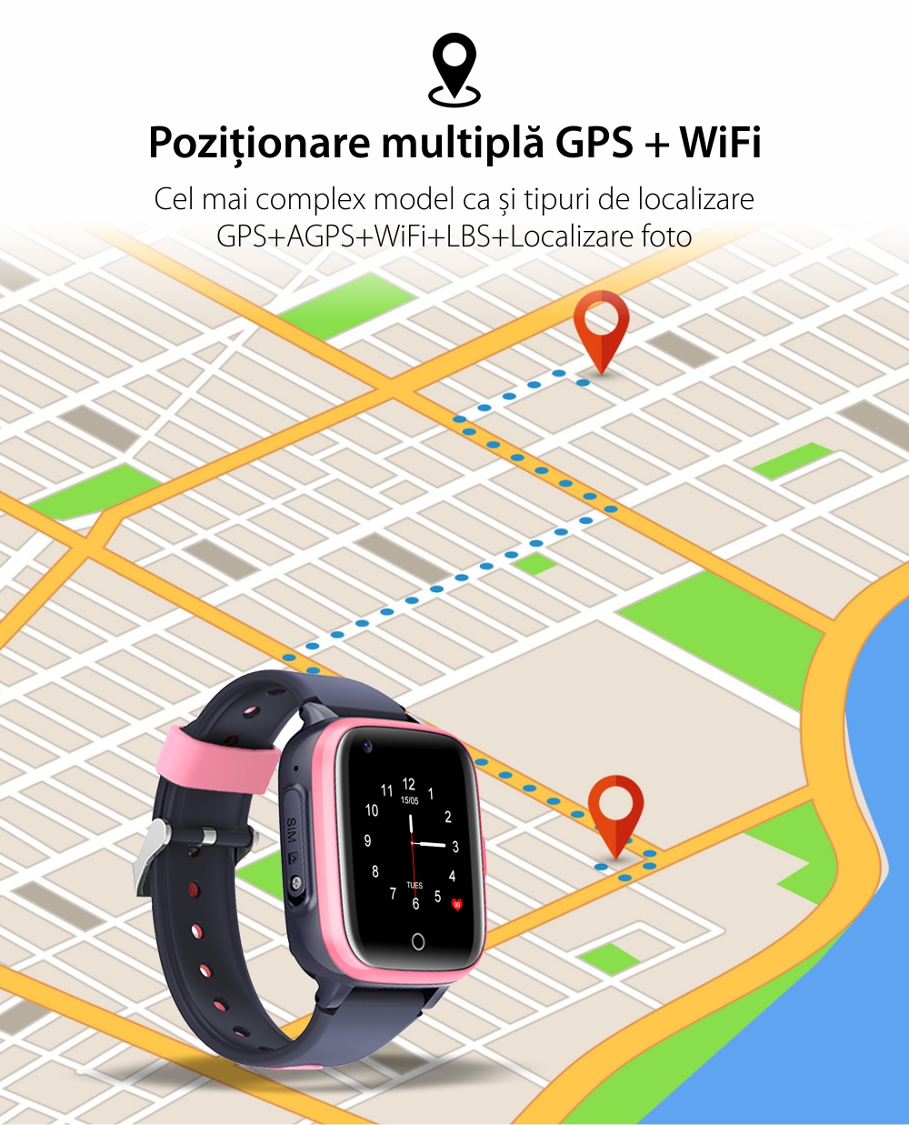 Ceas Smartwatch Pentru Copii  Wonlex KT15, cu Functie Telefon, Apel video, Localizare GPS, Camera, Pedometru, SOS, IP54, 4G – Roz, Cartela SIM Cadou