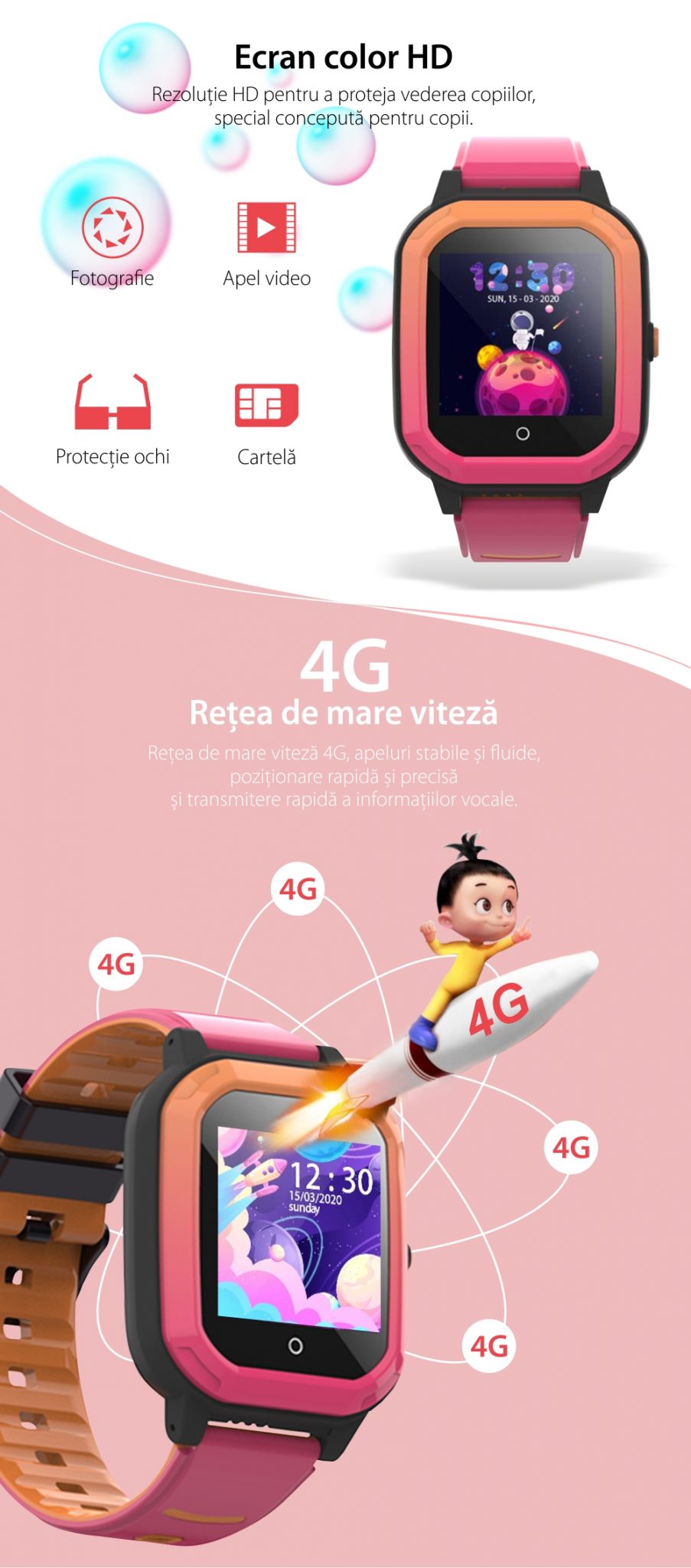 Ceas Smartwatch Pentru Copii, Wonlex KT20, Roz, SIM card, 4G, Rezistent la apa IP54, Apel video