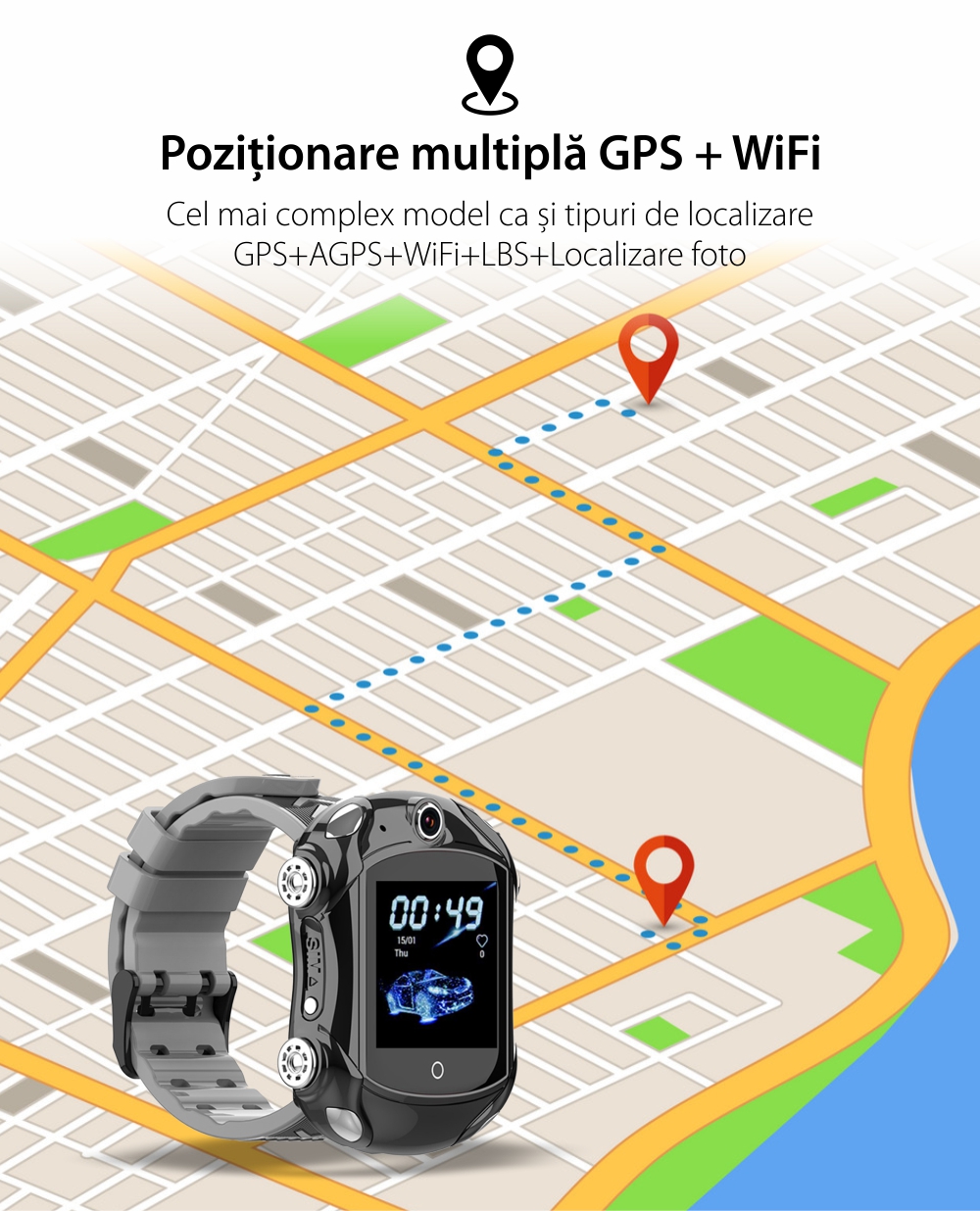 Ceas Smartwatch Pentru Copii, Wonlex KT14, Supercar, Albastru, SIM card, 4G, Rezistent la stropi accidentali IP54, Apel video