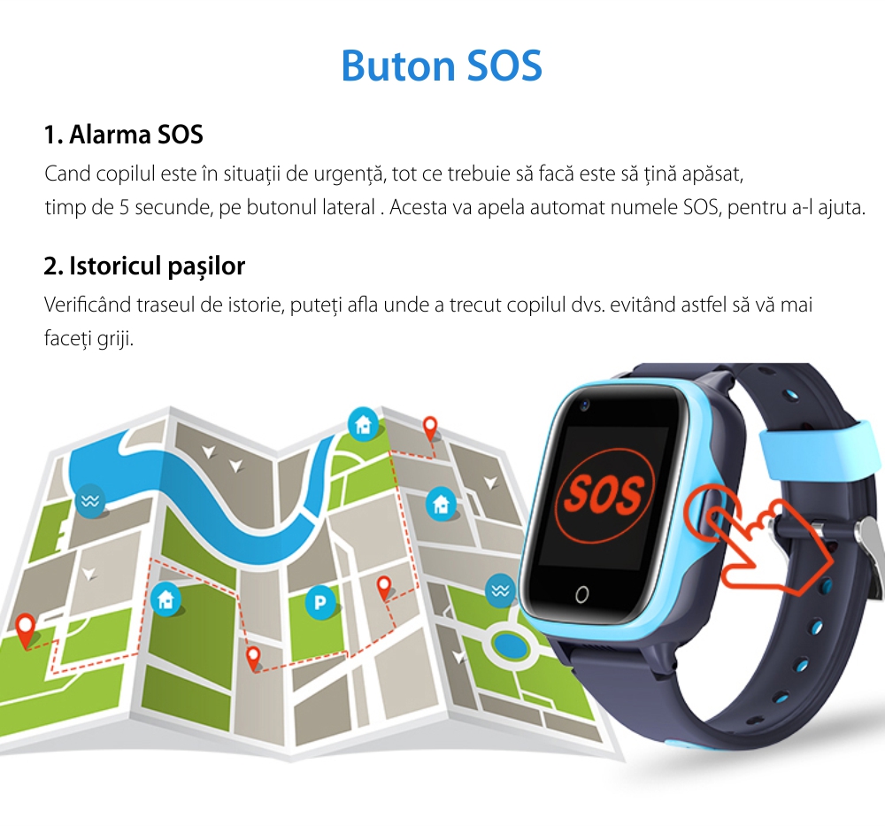 Ceas Smartwatch Pentru Copii  Wonlex KT15, cu Functie Telefon, Apel video, Localizare GPS, Camera, Pedometru, SOS, IP54, 4G – Albastru, Cartela SIM Cadou
