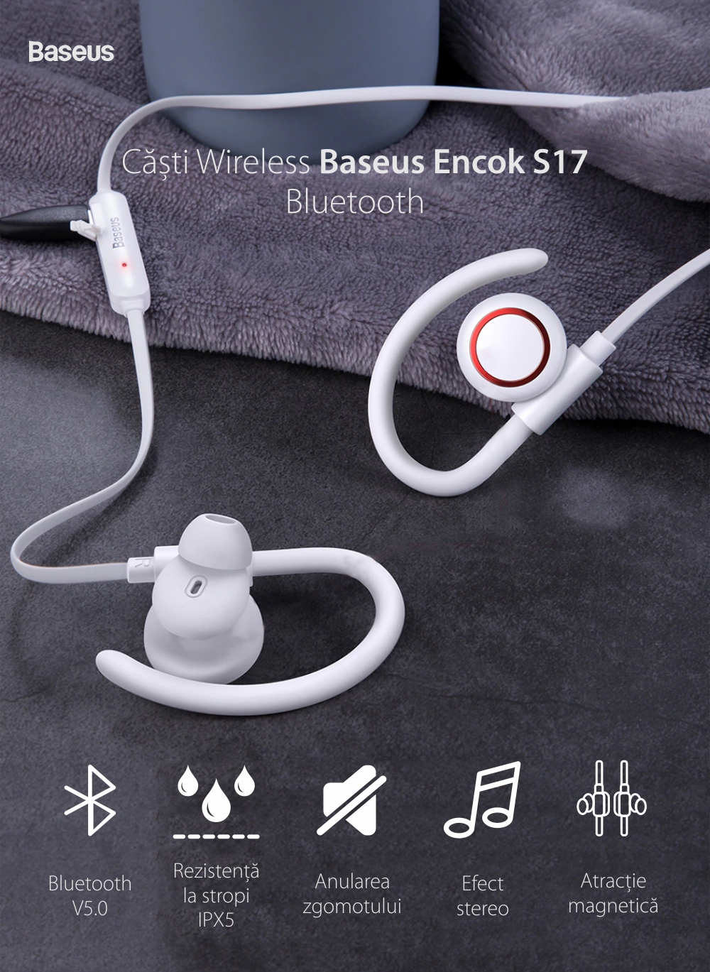 Casti in-Ear Baseus Encok S17, Alb, Wireless, Bluetooth 5.0, Rezistenta IPX5