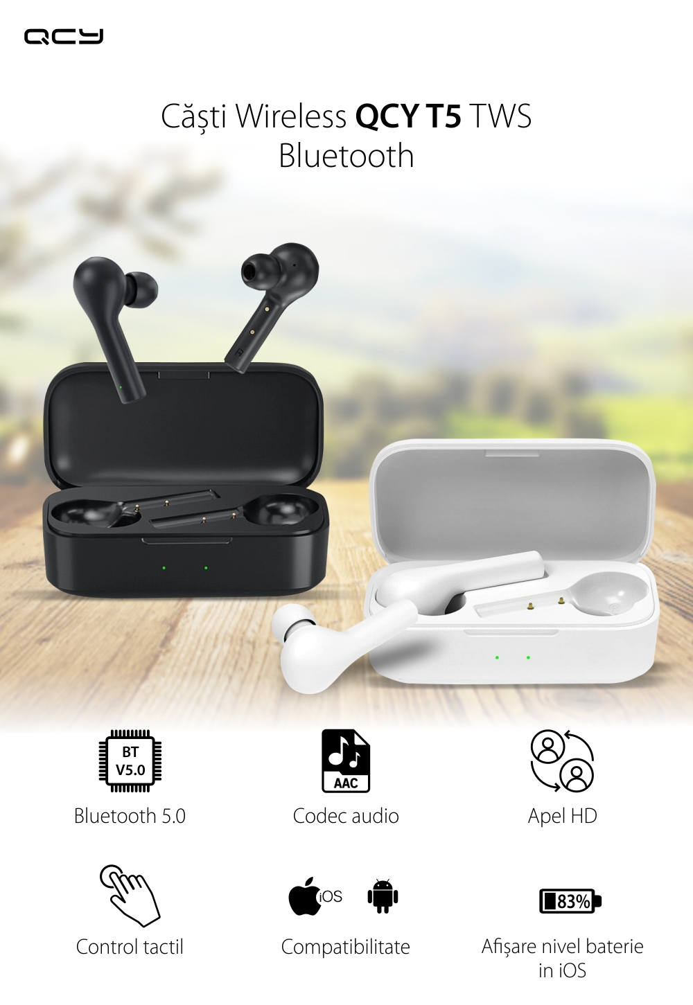 Casti in-Ear QCY T5 TWS, Alb, Wireless, Bluetooth 5.0, Control touch, Baterie 380 mAh