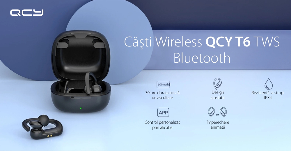 Casti QCY T6 TWS, Negru, Wireless, Bluetooth 5.0, Rezistenta IPX4