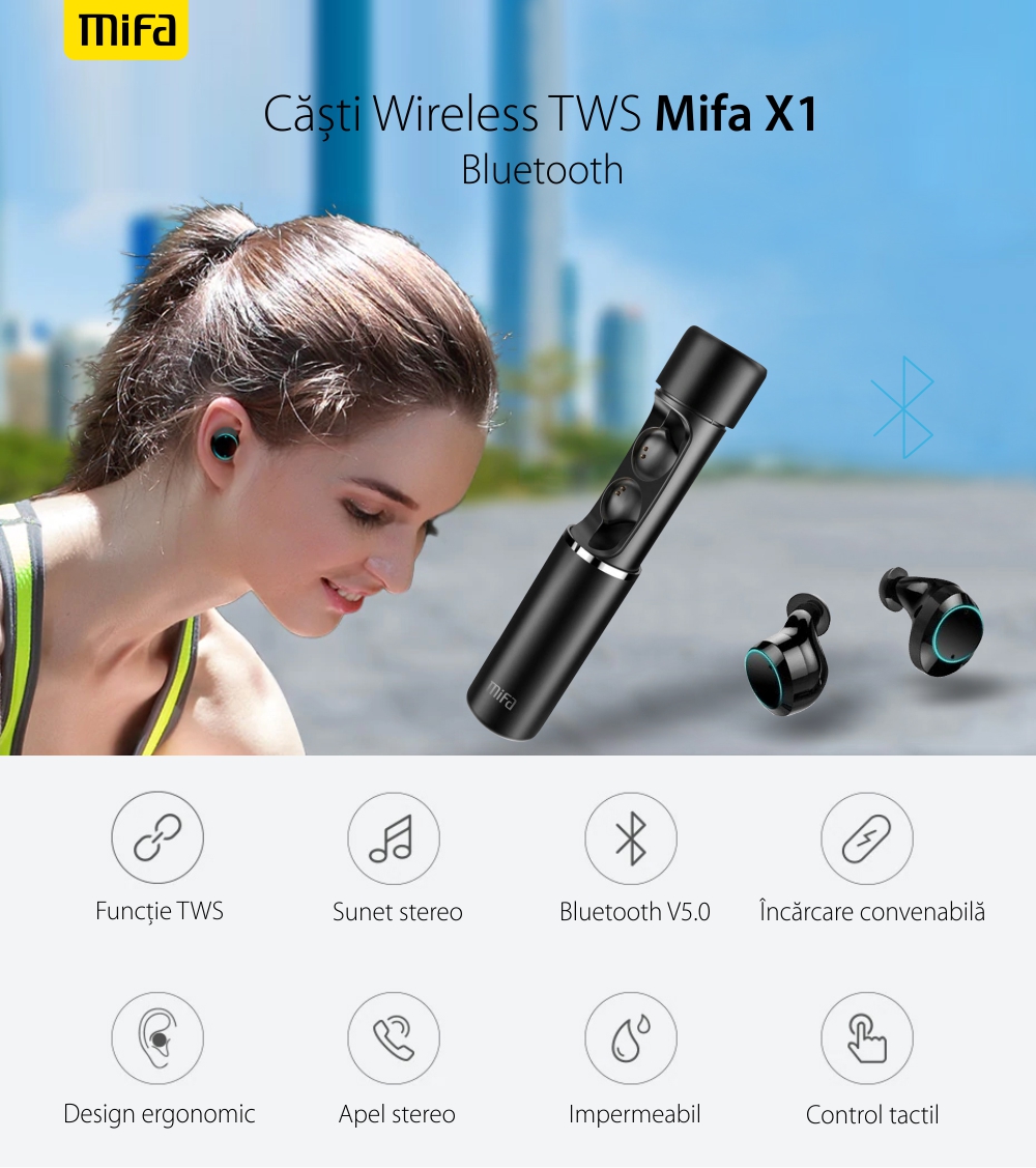 Casti in-Ear Mifa X1, Negru, Wireless, Bluetooth 5.0, TWS, Baterie 400 mAh