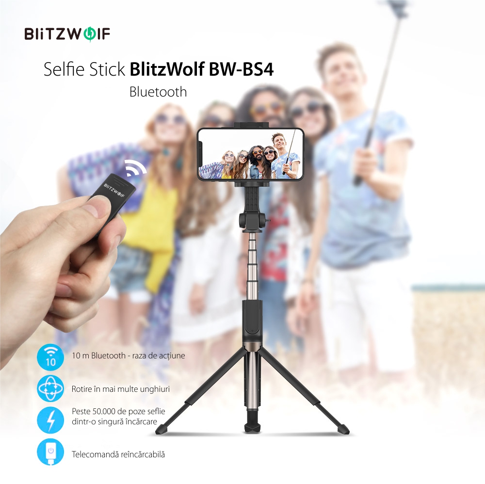 Selfie stick BlitzWolf BW-BS4, Negru, 3 in 1, Control telecomanda, Bluetooth, Baterie 65 mAh