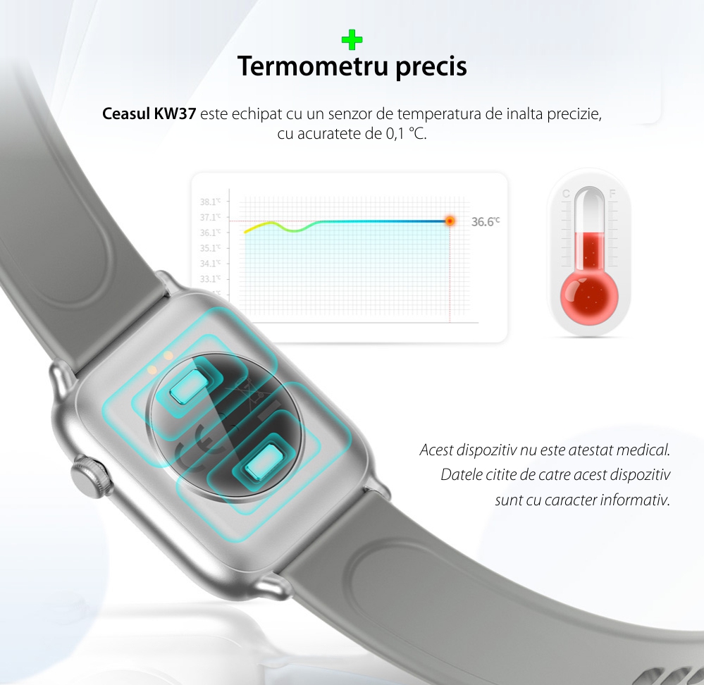 Ceas Smartwatch Twinkler TKY H30 KW37, Negru, Memento sedentar, Termometru, Monitorizarea somnului