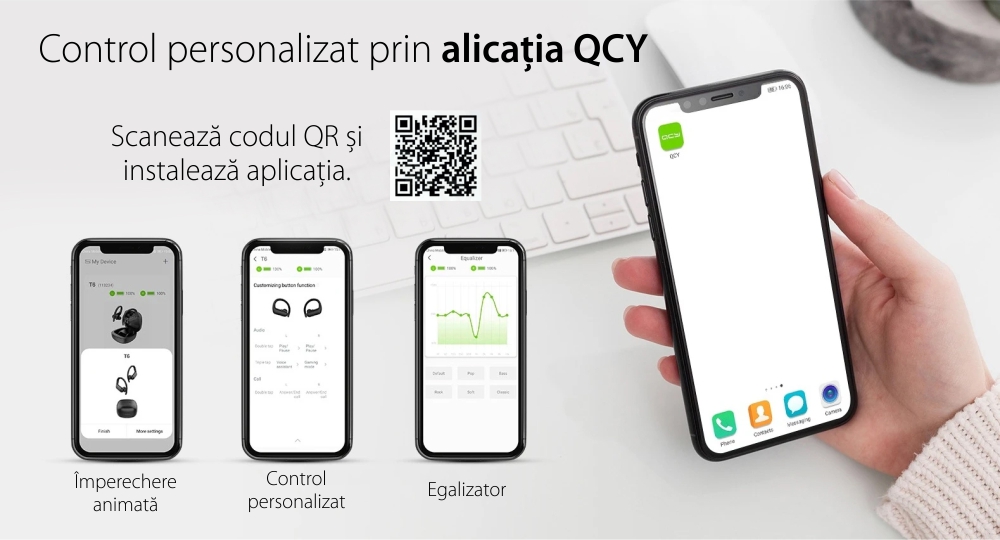 Casti QCY T6 TWS, Negru, Wireless, Bluetooth 5.0, Rezistenta IPX4