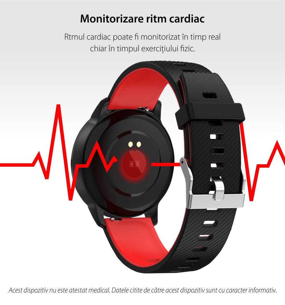 Ceas Smartwatch Twinkler TKY-S16, Rosu si Negru, Monitorizare ritm cardiac, Tensiune arteriala, Calorii, Distanta parcursa