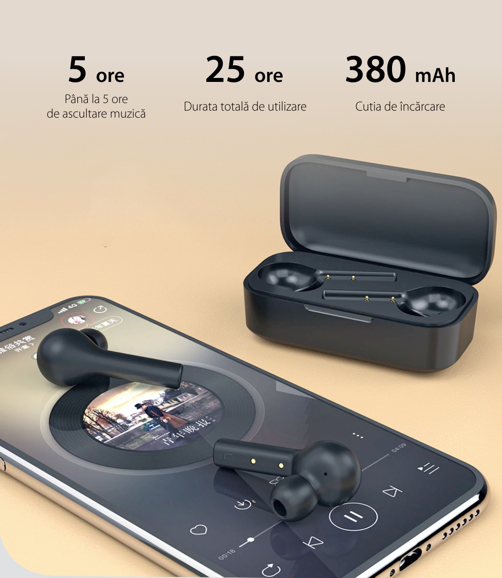 Casti in-Ear QCY T5 TWS, Alb, Wireless, Bluetooth 5.0, Control touch, Baterie 380 mAh