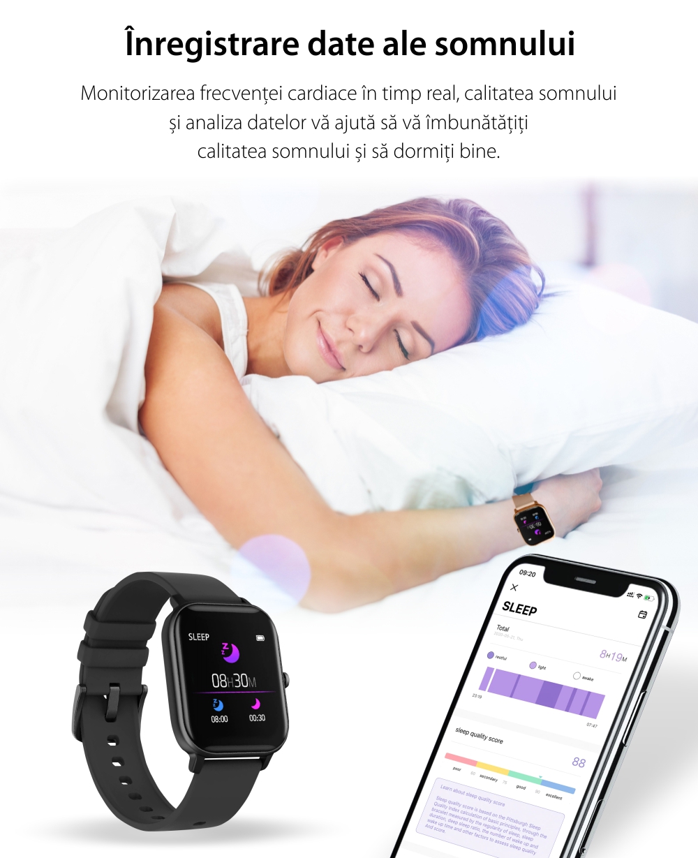 Ceas Smartwatch Twinkler TKY-P8, Auriu, Masurare ritm cardiac, Pedometru, Moduri sportive, Memento sedentar
