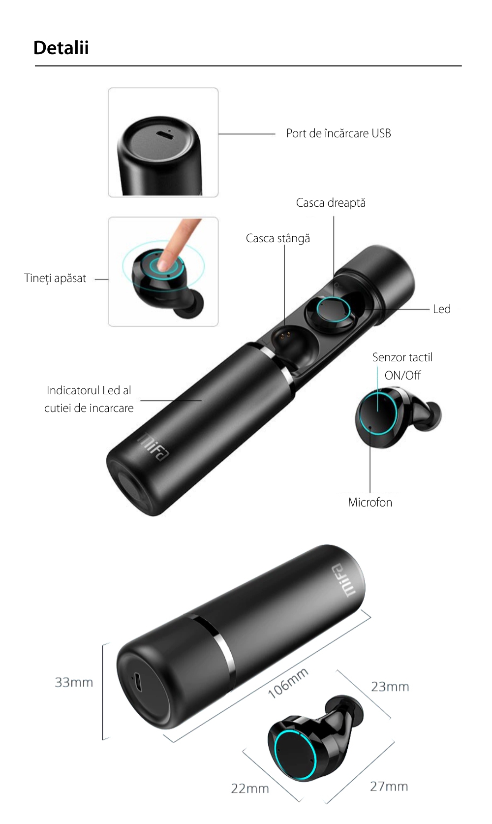 Casti in-Ear Mifa X1, Negru, Wireless, Bluetooth 5.0, TWS, Baterie 400 mAh