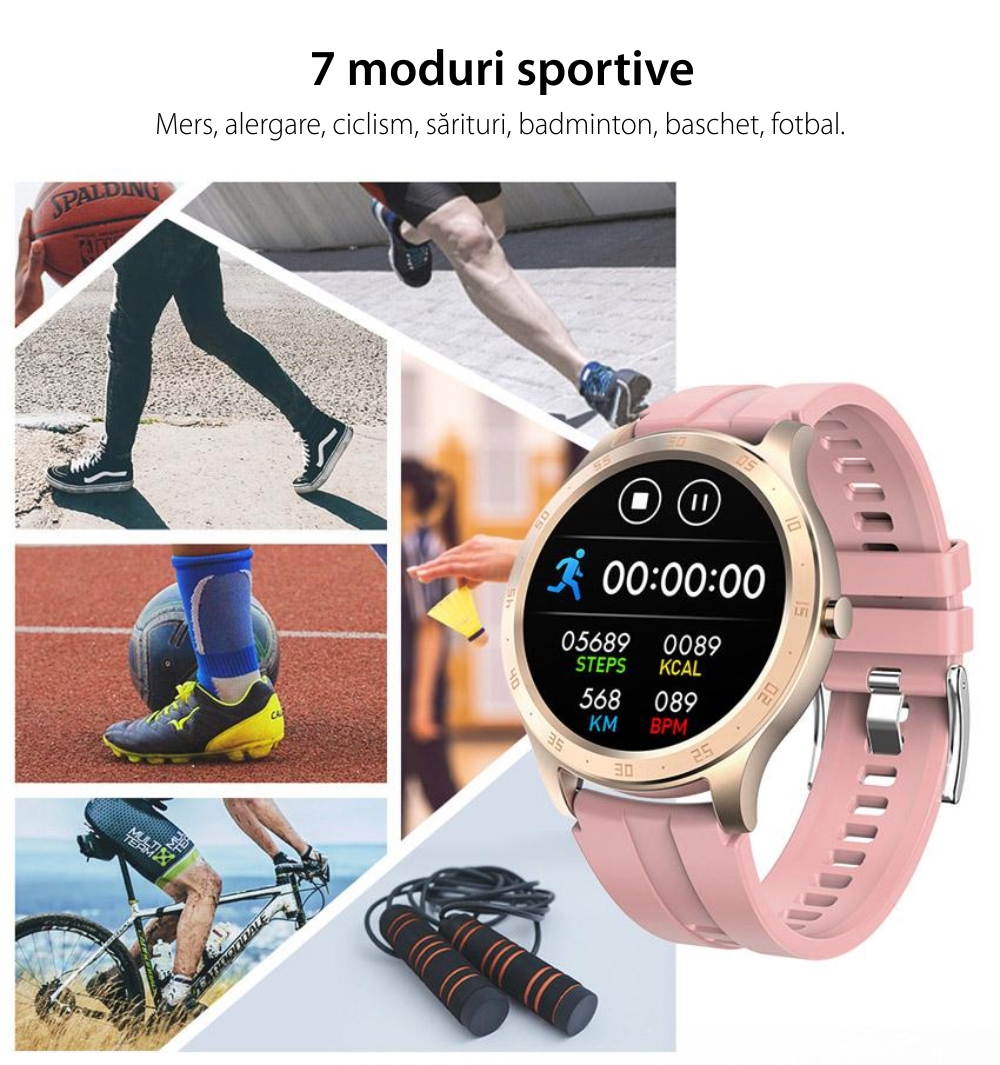 Ceas smartwatch Twinkler TKY-S20, Roz, Notificari, Pedometru, Moduri sportive, Cronometru