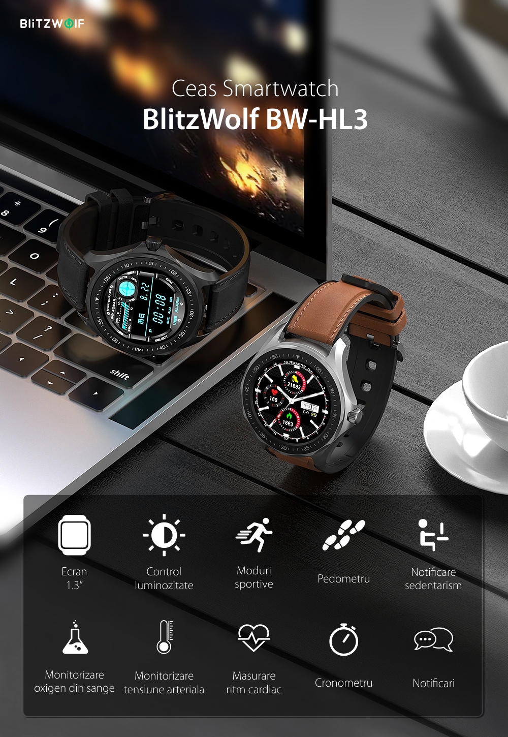 Ceas smartwatch BlitzWolf BW-HL3, Negru, Pedometru, Distanta parcursa, Calorii arse, Monitorizare ritm cardiac