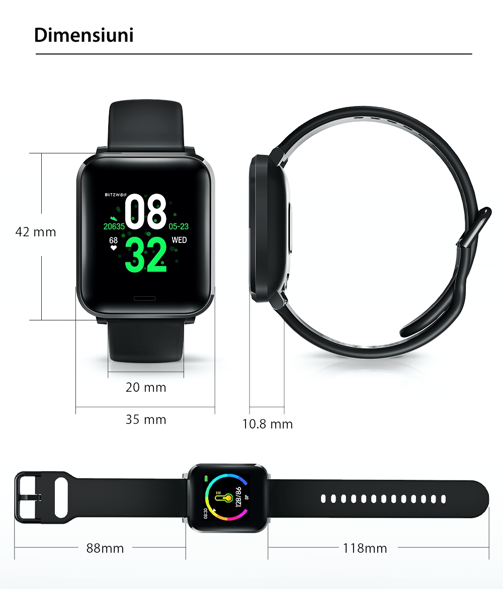 Ceas smartwatch BlitzWolf BW-HL1, Negru, Monitorizare ritm cardiac, Tensiune arteriala, Moduri sportive