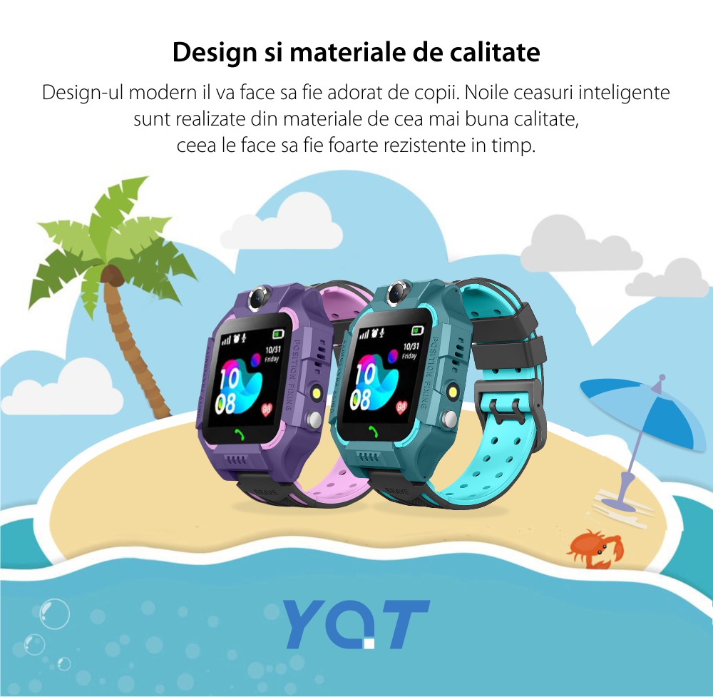 Ceas smartwatch Pentru Copii YQT-Q19W, Mov, Istoric traseu, Localizare GPS, Camera, Lanterna, Pedometru