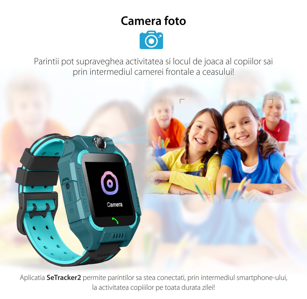 Ceas smartwatch Pentru Copii YQT-Q19W, Mov, Istoric traseu, Localizare GPS, Camera, Lanterna, Pedometru