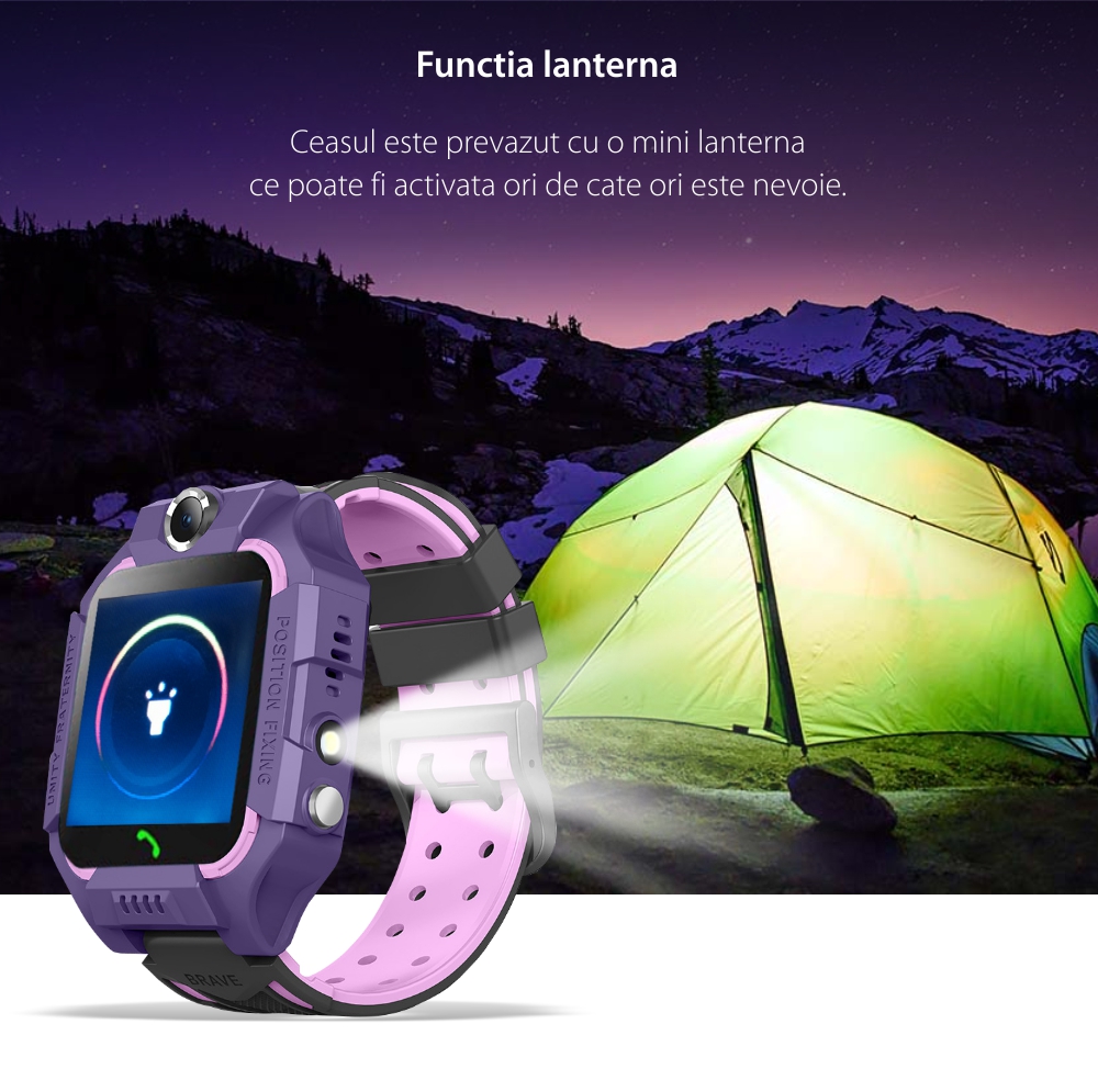 Ceas smartwatch Pentru Copii YQT-Q19W, Mov, Istoric traseu, Localizare GPS, Camera, Lanterna, Pedometru