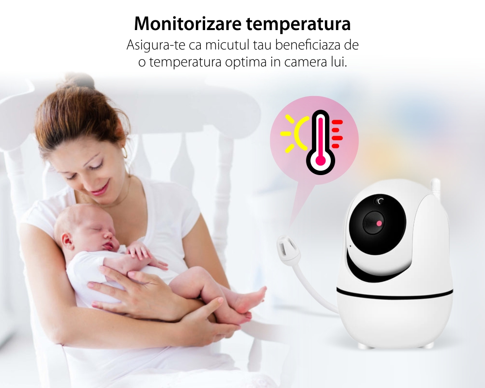 Baby Monitor BS-W32P, 3.2 inch, Comunicare bidirectionala, Vedere nocturna, Cantece de leagan, Modul eco