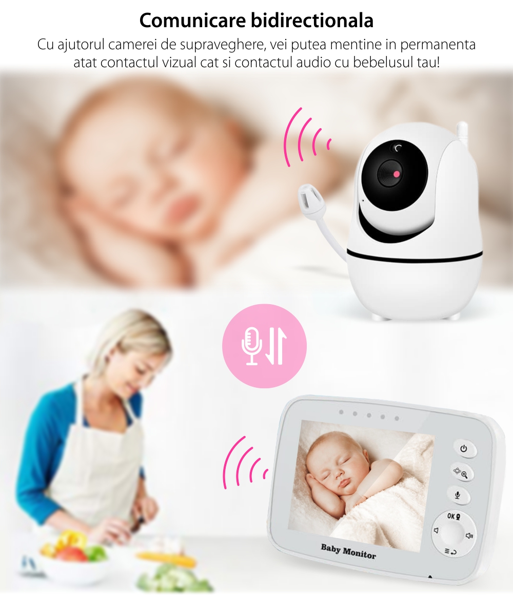 Baby Monitor BS-W32P, 3.2 inch, Comunicare bidirectionala, Vedere nocturna, Cantece de leagan, Modul eco