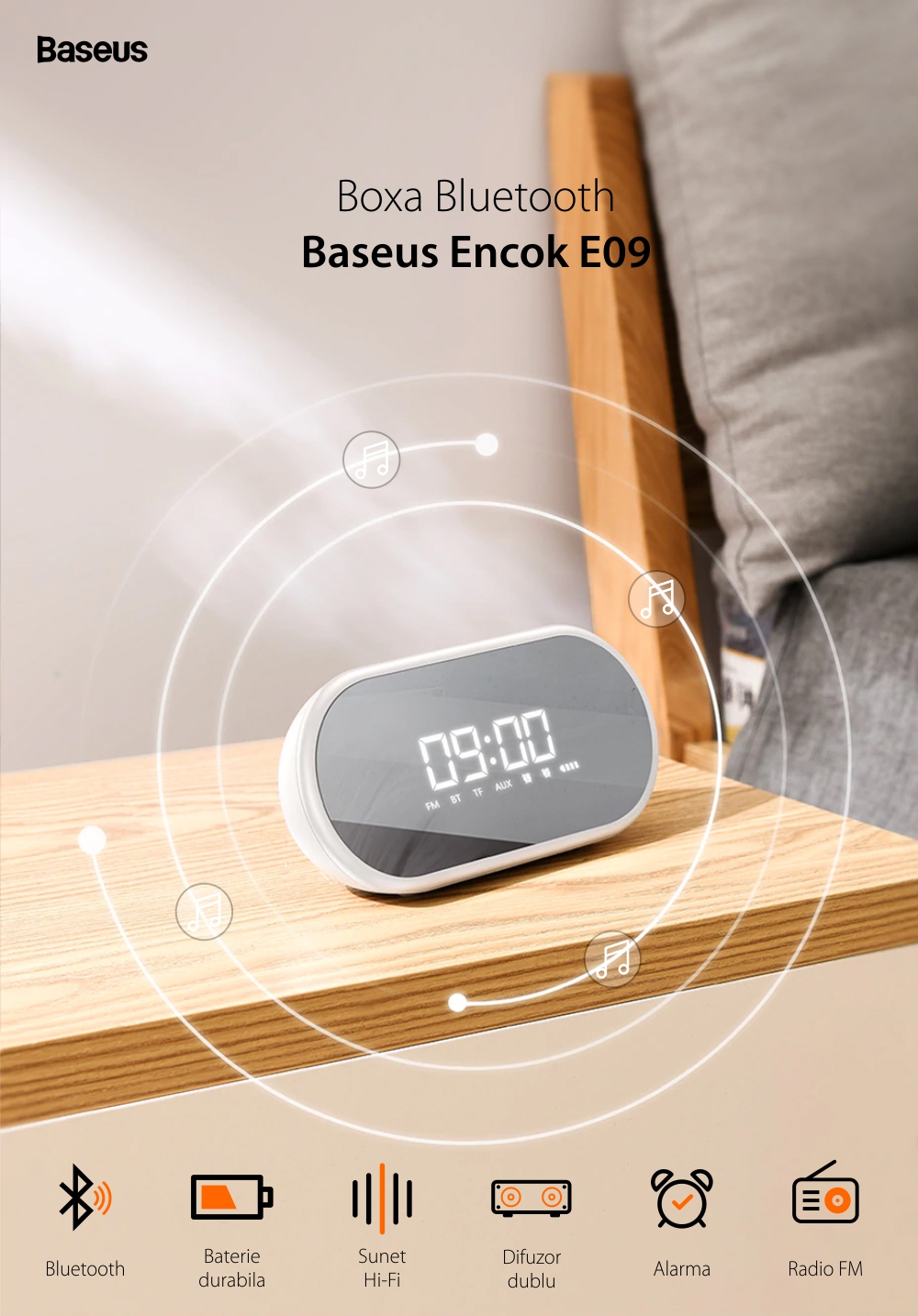 Boxa portabila bluetooth Baseus Encok E09, Negru, Wireless, Ceas multifunctional, Alarma