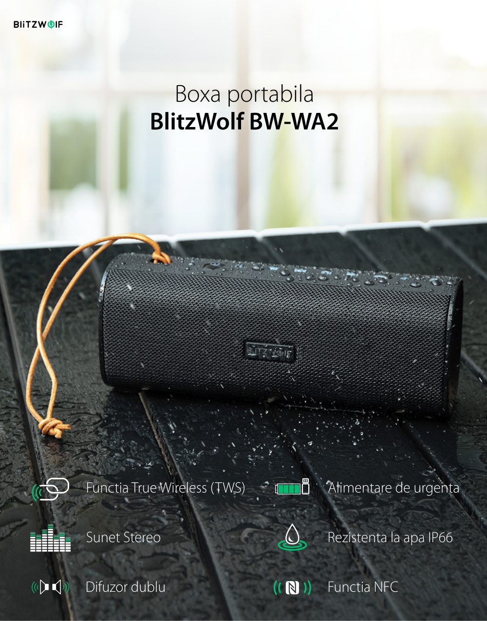 Boxa portabila BlitzWolf BW-WA2, Negru, Wireless, Bluetooth, 20W, Rezistenta la apa IP66, Functia NFC