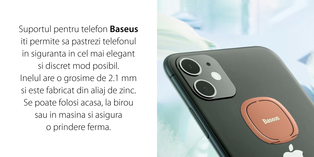 Suport telefon Baseus Invisible Ring Holder, Negru, Universal, Adeziv 3M