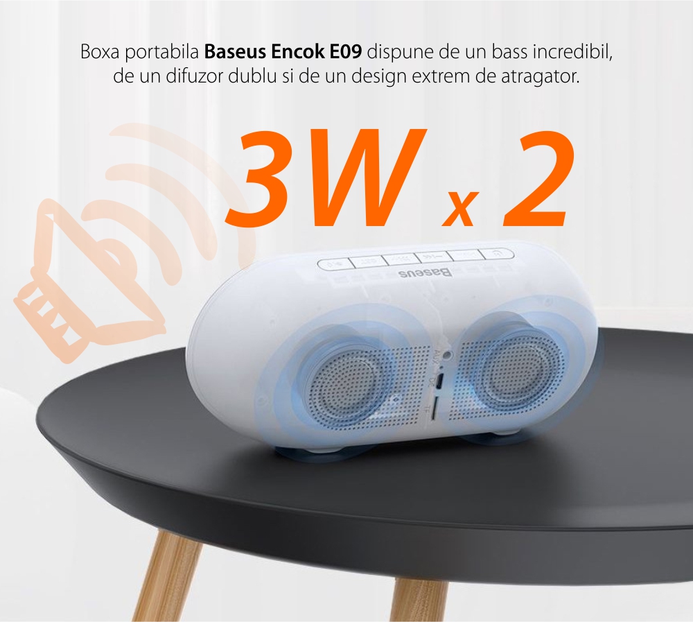 Boxa portabila bluetooth Baseus Encok E09, Negru, Wireless, Ceas multifunctional, Alarma