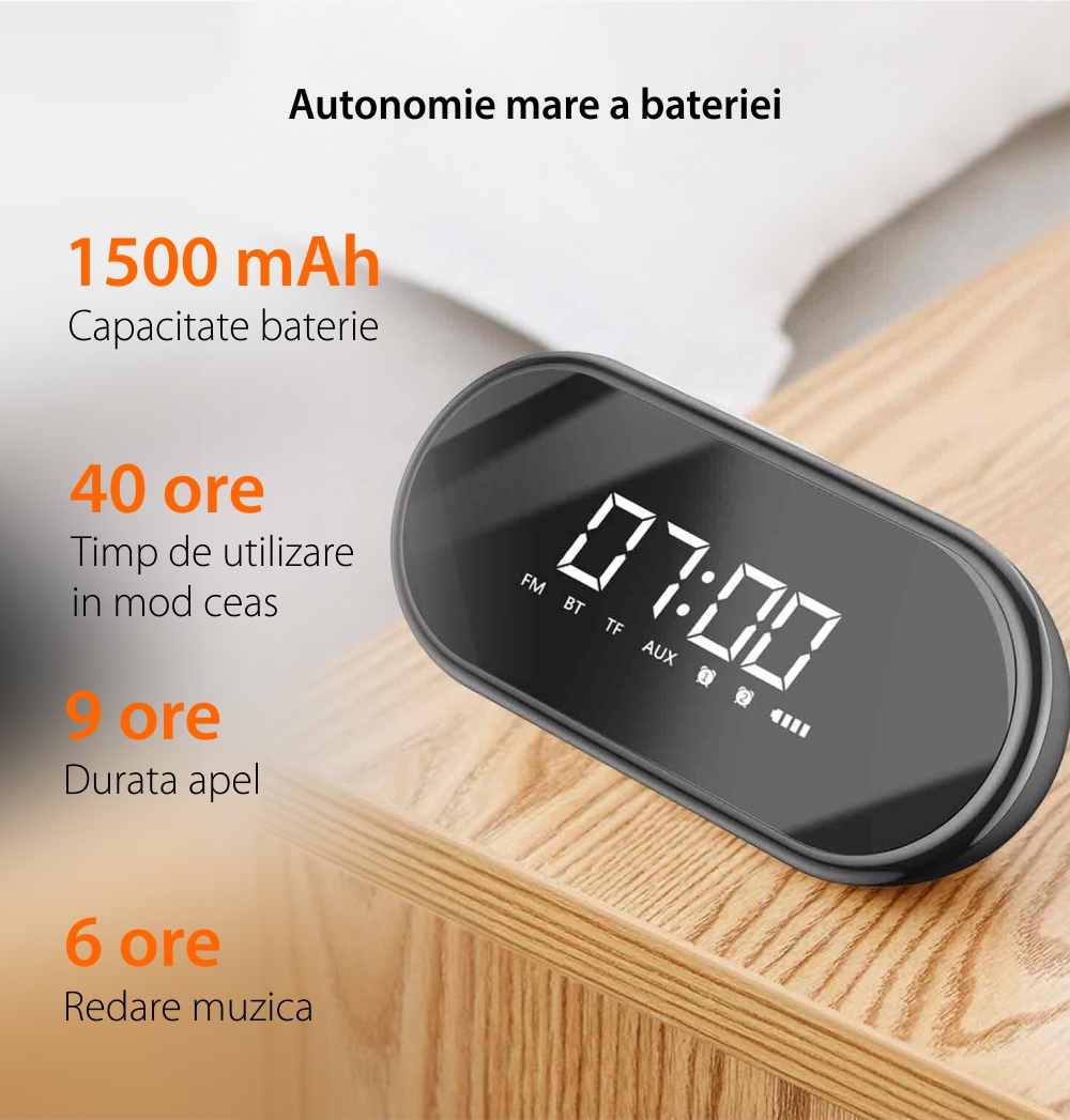 Boxa portabila bluetooth Baseus Encok E09, Negru, Wireless, Ceas multifunctional, Alarma